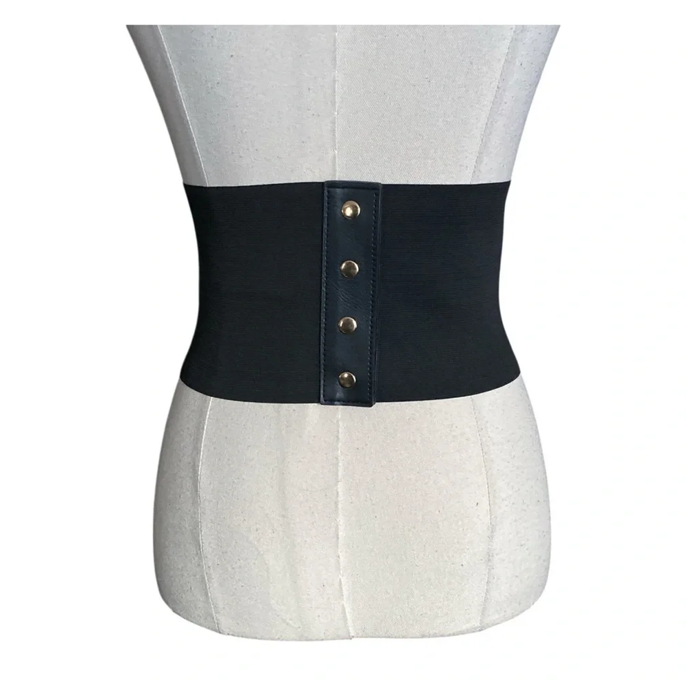 Black faux leather lace-up corset high waisted belt with an elastic panel